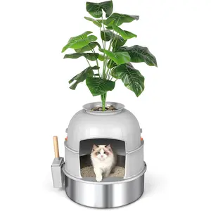 Hidden Cat Litter Box Enclosure with Artificial Plant, Stainless Steel Litter Box Furniture, Decorative Round Planter Includes Scoop, Pebbles, Carbon Filter, Easy to Clean