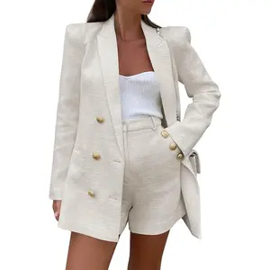 Cicy Bell Women's 2 Piece Tweed Blazer Shorts Set Long Sleeve Double Breasted Suit Jacket Business Outfit Soft Thick Fabric Fitted Elegant Professional