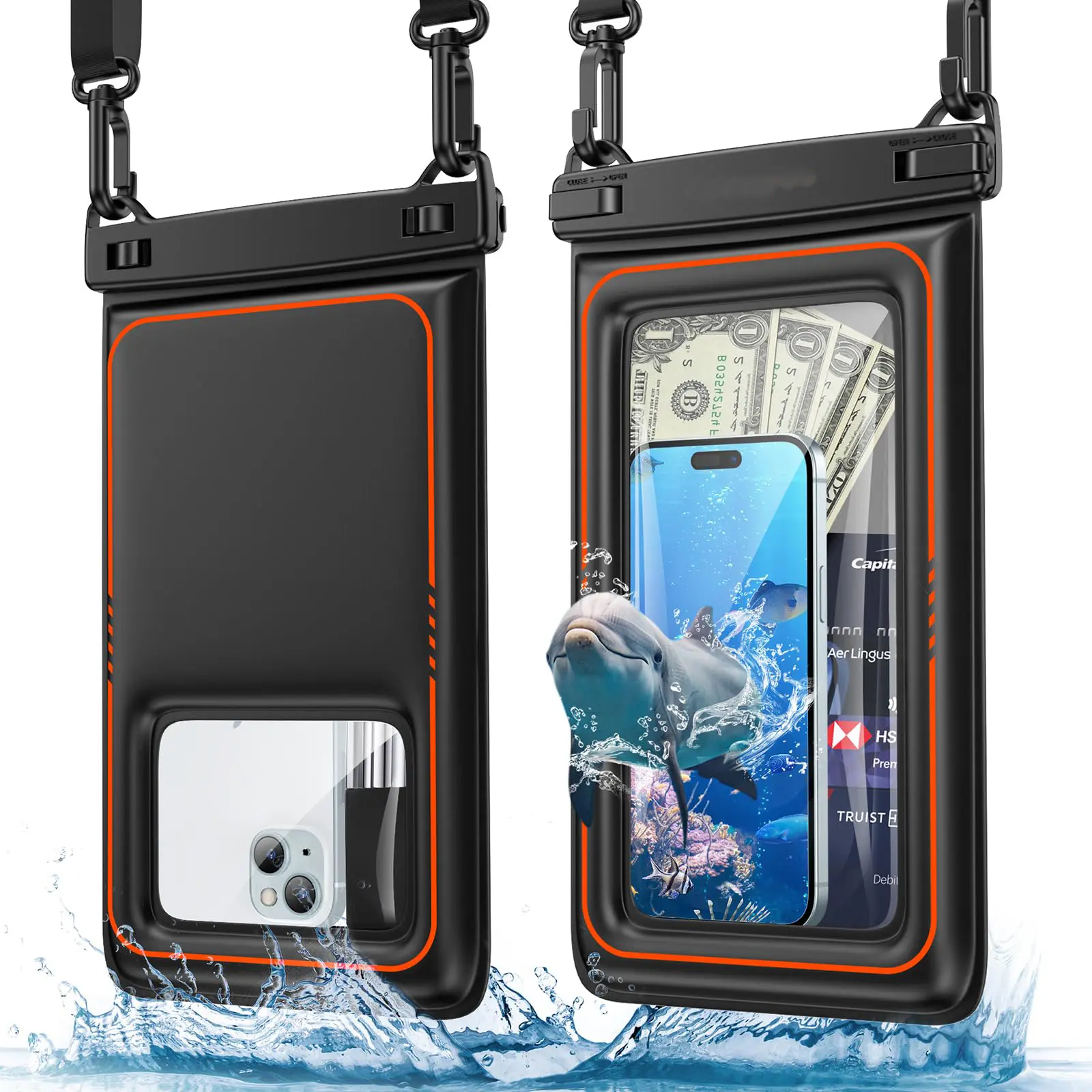 2-Piece XL Waterproof Smartphone Protection Case Set, IPX8 Floating Handheld Cellphone Drying Bag (Fits Up to 9.5in Devices: iPhone 17 Air/16/15/14 Pro Max, Samsung S25 Ultra) - Travel Beach Essential