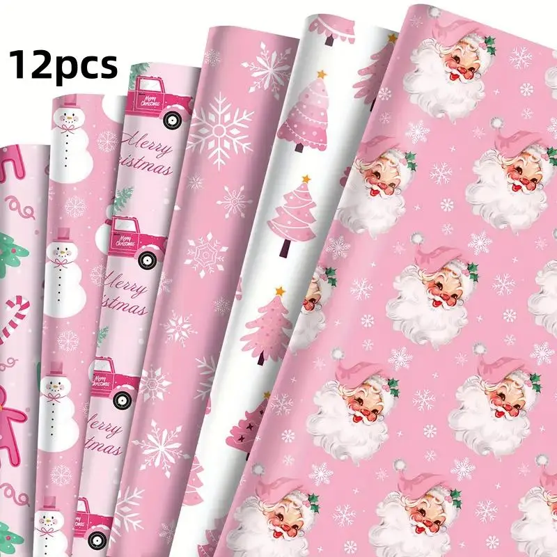 12-Piece Christmas Wrapping Paper Set, 6 Festive Designs Including Santa & Snowman Patterns, Perfect Holiday Gift Box Gift Packaging, Unique Designs