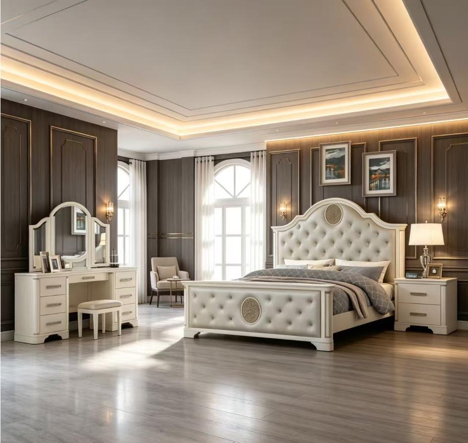 Bellemave JASMINE Queen 4-Pc LED Wood Vanity Set - Beige Indoor Furniture with Vanity, Dresser, Nightstand, Headboard, LED-Light for Bedroom Decor, Dorm Essentials Bellemave JASMINE Queen 4-Pc LED Wood Vanity Set - Beige Indoor Furniture with Vanity, Dresser, Nightstand, Headboard, LED-Light for Bedroom Decor, Dorm Essentials