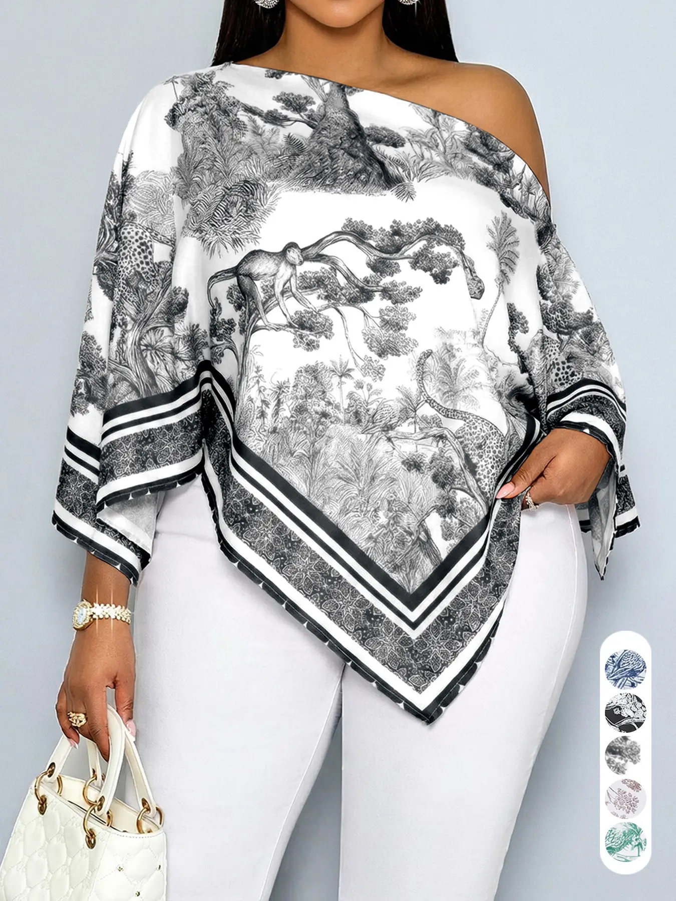 Plus Size New Summer Casual Elegant Women's Printed Blouse, Boho Flowy Tops, Asymmetrical Hem Batwing Sleeves Loose Fashion Shirt, Versatile Daily Wear