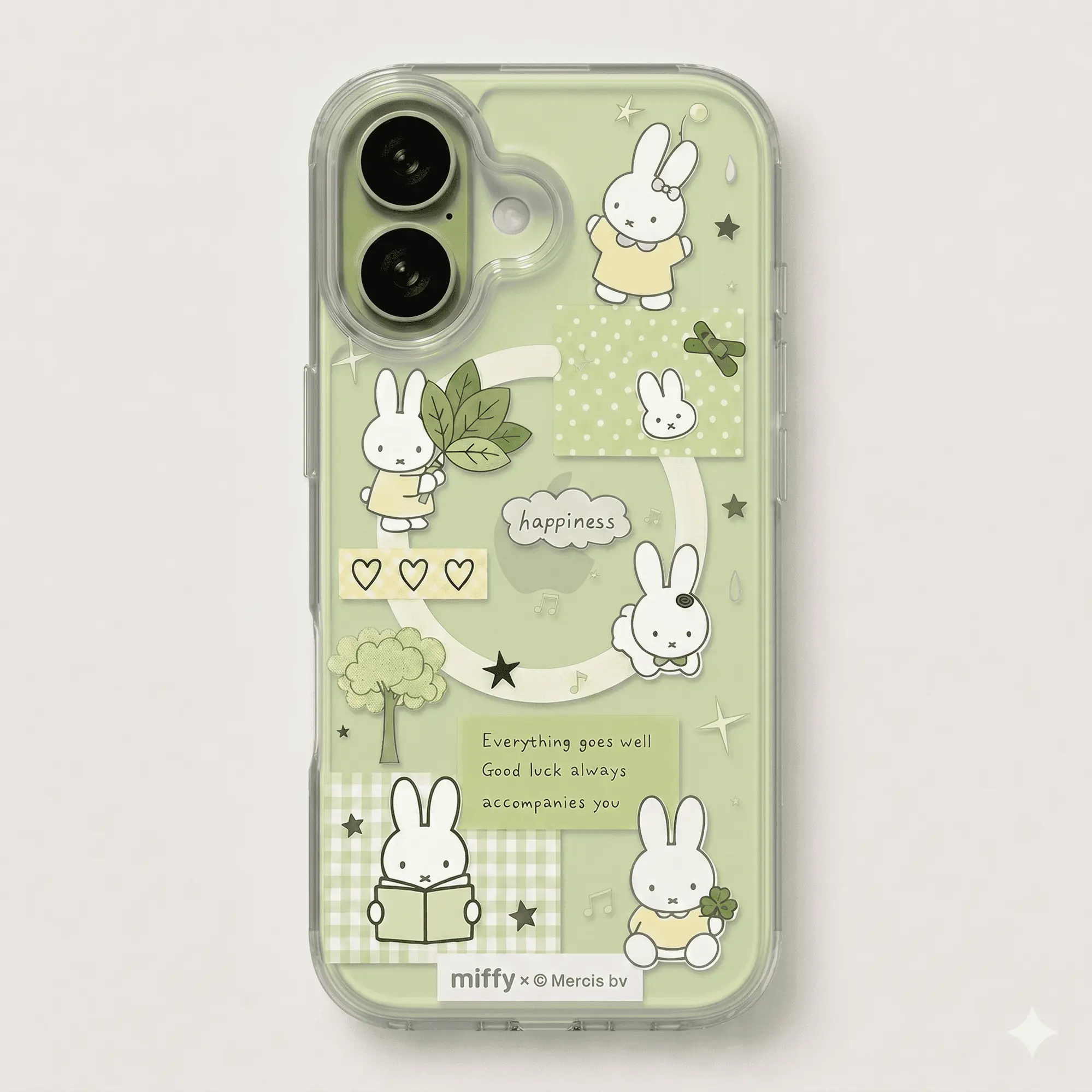 Cute Miffy Green Partern Design Cartoon MagSafe Clear Phone Case, Kawaii Transparent Shockproof Protective Cover for iPhone 11 12 13 14 15 16 17 Plus Pro Max Series, Samsung S22 S23 S24 S25 S26 Ultra