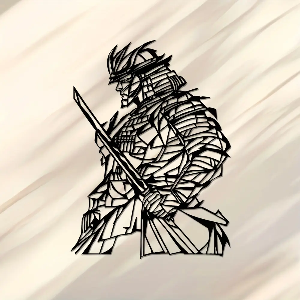 1 piece of Samurai Metal Wall Art - Japanese style black and white line painting, armored warrior with sword, vintage home decoration, suitable for living rooms, bedrooms, offices or outdoor spaces