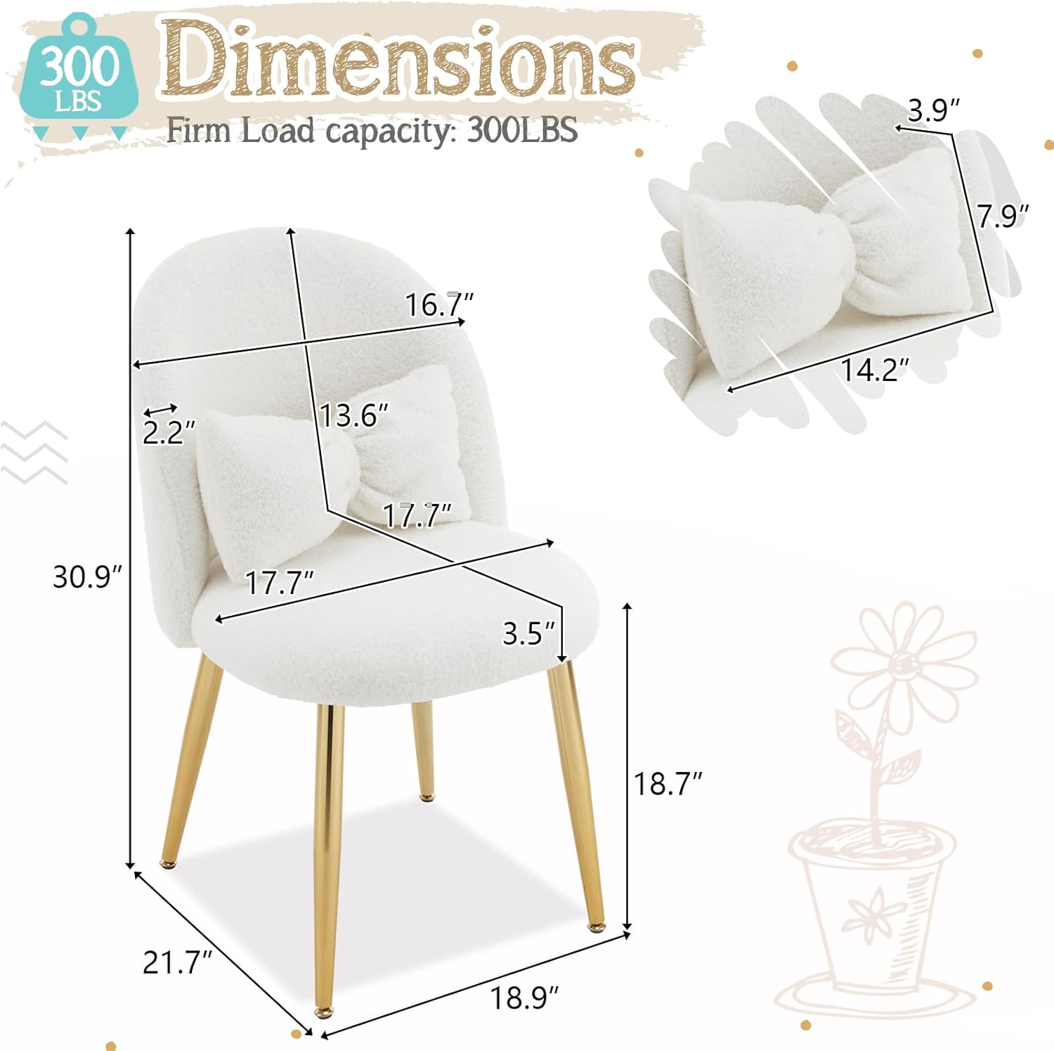 VINGLI Boucle Girls Vanity Chair with Back & Pillow,Cute Small Cozy Desk Chair No Wheels,Comfy Makeup Ch with Ajustable Gold Legs,for Bedroom,Living Room,Small Space