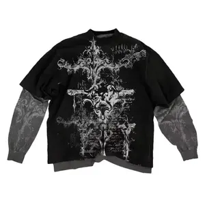 2000s American Skull Pattern Long sleeved T shirt Fashion Round Neck Oversized T shirt New Mens Casual Gothic Clothing Tops
