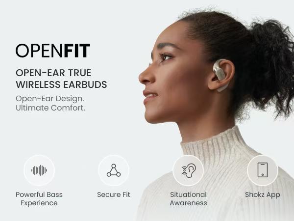 SHOKZ OpenFit - Open-Ear Wireless Bluetooth Headphones with Microphone, Sweat Resistant, Fast Charging,28HRS Playtime,Compatible with iPhone & Android