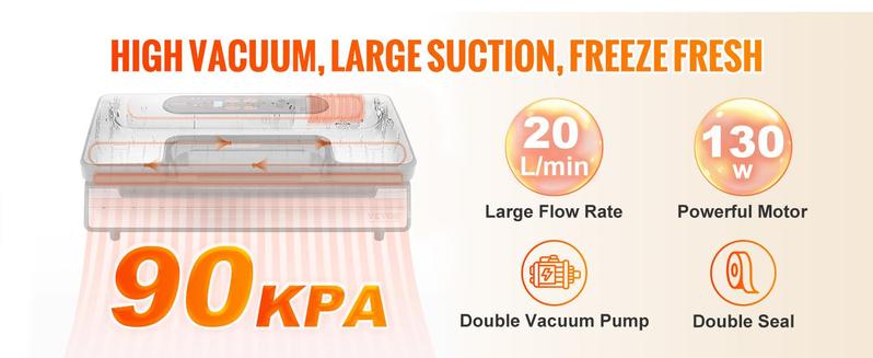 VEVOR Vacuum Sealer Machine, TikTokShopBlackFriday, 90Kpa 130W Powerful Dual Pump and Dual Sealing, Dry and Moist Food Storage, Automatic and Manual Air Sealing System with Built-in Cutter, with Seal Bag and External Hose
