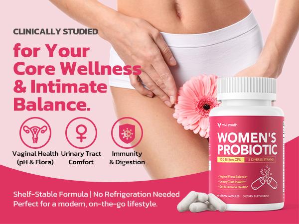 VIVI Youth Probiotics – pH Balance, Feminine Odor Control & Yeast Support, Probiotics for Women with Prebiotics & Lactobacillus Blend, 60 Capsules