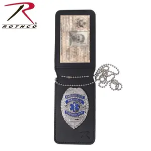 Rothco Universal Leather Badge & ID Holder - Black PU Leather with Clear ID Window & 33 Inch Detachable Chain for Public Safety Professionals