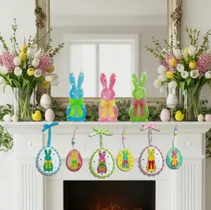 PIONEER-EFFORT 9 Pcs Modern Pastel Easter Decor Set - 6 Hanging Egg Ornaments with Ribbons & Beads & 3 Glossy Freestanding Bunny Figurines - Colorful Spring Tabletop & Tree Display Accents