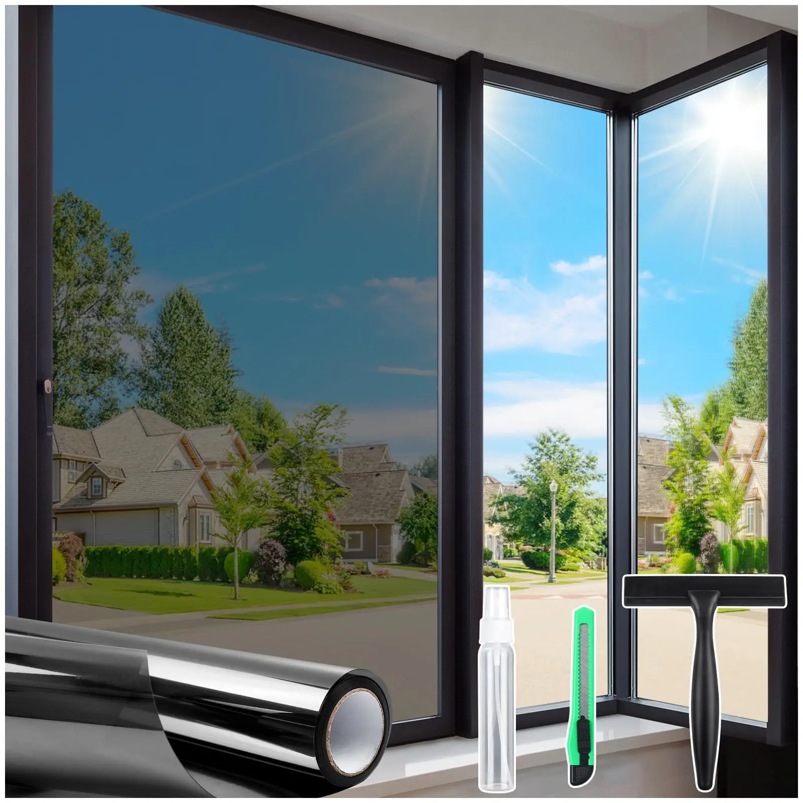 1-Way Mirror Look Renter Friendly Window Tints - Static Cling Rectangular Vinyl PVC Film, No Glue, Heat Control, Sun Blocking, Anti-UV, See Out Not In, Large Size 17.5"x78.7", Black-Silver, with Application Tool (Home Decor Sticker), One-Way