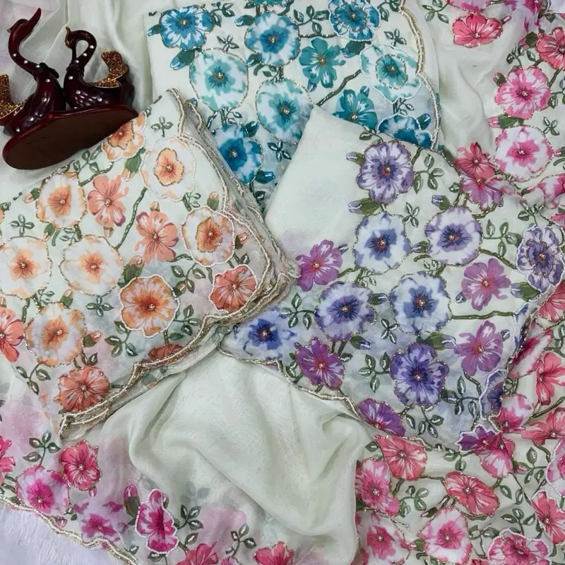 Premium high-quality New design,sari pure soft, organza fabric, heavy beads, work shower, print Sari with Blouse