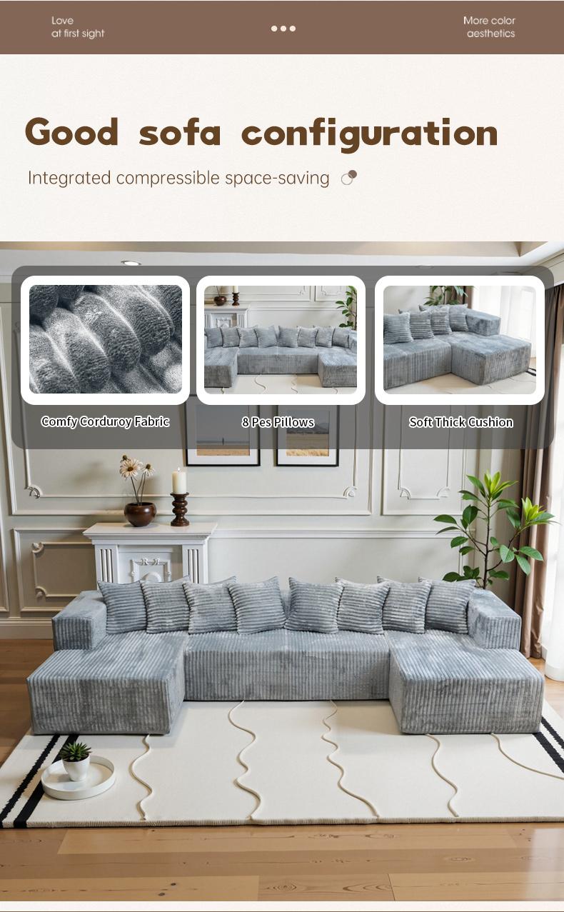 【3 Packages shipping】133"Large modular sofa with 8 pillows and double lounge chairs, U-shaped no assembly required, deep seat modular cloud sofa 【3 Packages shipping】133"Large modular sofa with 8 pillows and double lounge chairs, U-shaped no assembly required, deep seat modular cloud sofa
