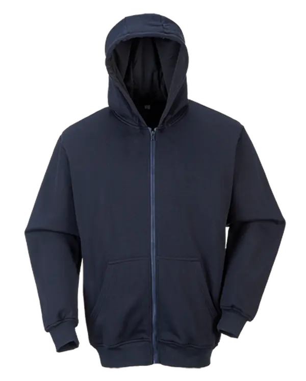 Portwest UFR81 Men's Flame-Resistant Zippered Hooded Sweatshirt - Workwear Top with Pockets, Radio Loops, Hook-and-Eye, Snap, Triple-Stitched Seams, Adjustable Hood, Longsleeves, Regular Sleeve, All Seasons, Navy Regular Fit