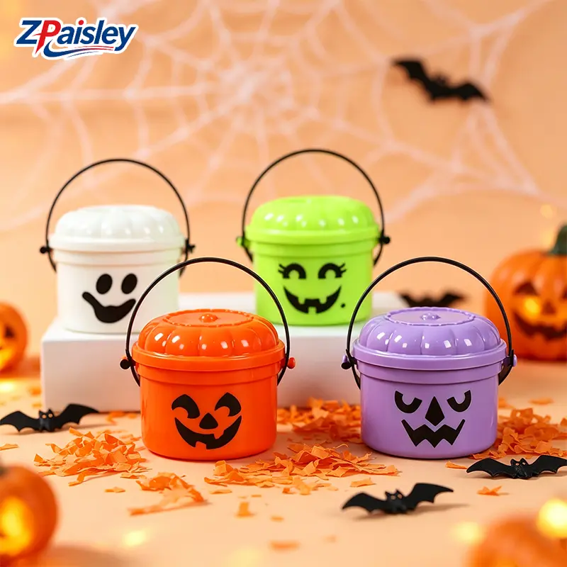 4Pcs Kids-Sized Unisex Halloween Pumpkin Candy Buckets - Assorted Color Jack-o'-Lantern Plastic Handle Pails, Trick-or-Treat Supplies, Party Favors