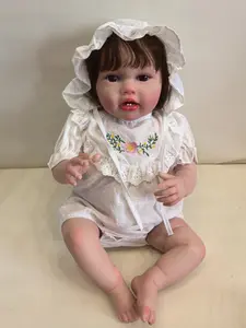 Realistic Toddler Girl Doll  Implanted Brown Hair Lovely Reborn Doll Expressive Brown Eyes Premium Gift Set with Two Little Teeth Dolls Gifts Stuffed Doll