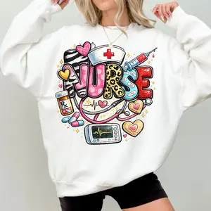 [Made in USA] Nurse Sweatshirt Cute Doodle Nurse Crewneck Pullover, Colorful Medical Icon Nurse Sweater, Trendy Nurse Graphic Sweatshirt, Nursing Student Outfit, Nurses Week Gift For RN LPN CNA Healthcare Worker