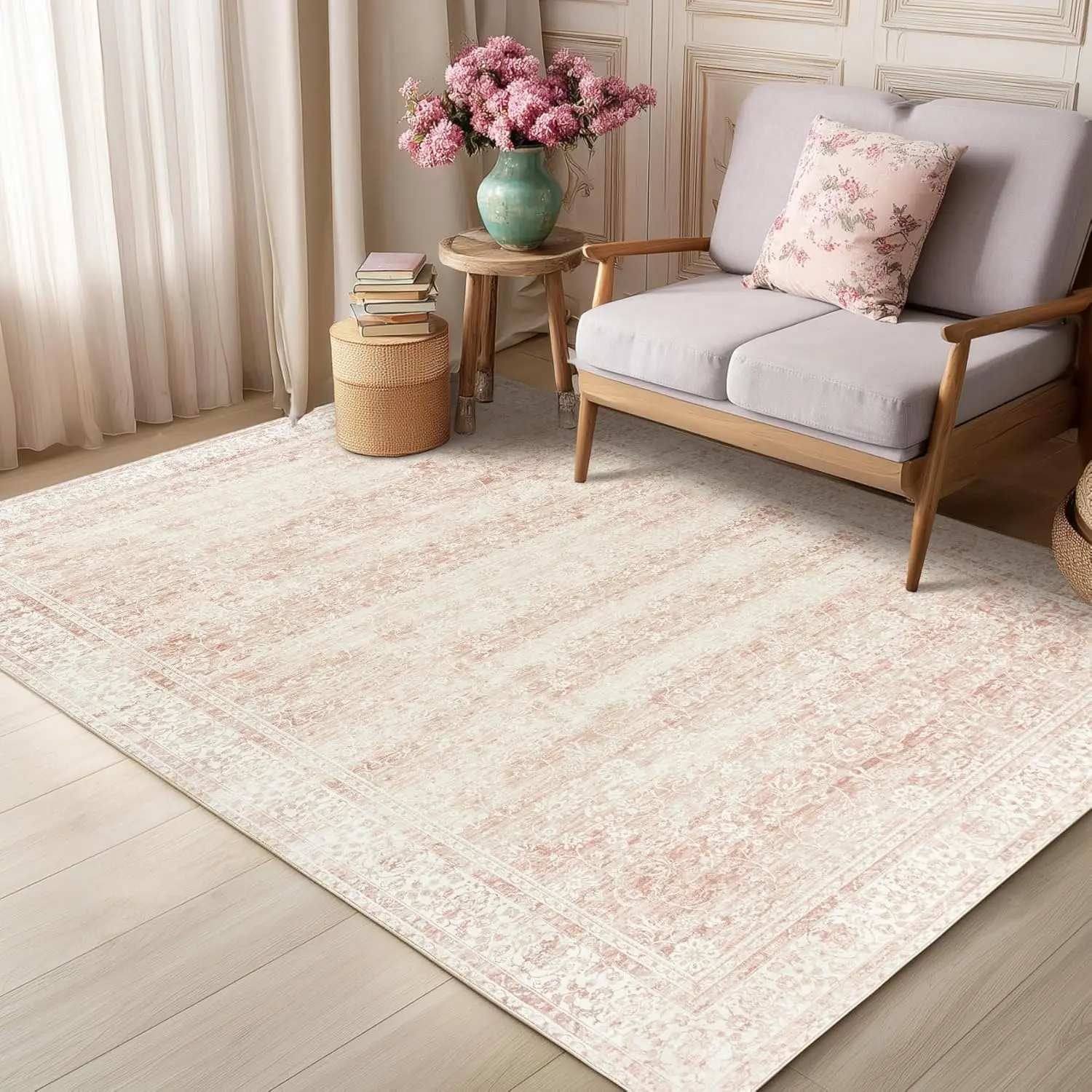 Boho Blush Pink Floral Print Nursery Rug for Baby Girl, Stain Resistant, Foldable, Machine Washable, Low Pile Soft Indoor Home Decor Rug for Girl Room Decor & Kids Playroom