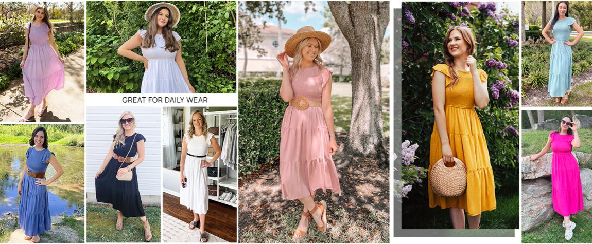 ZESICA Women's 2026 Summer Casual Flutter Short Sleeve Crew Neck Smocked Elastic Waist Tiered Midi Dress