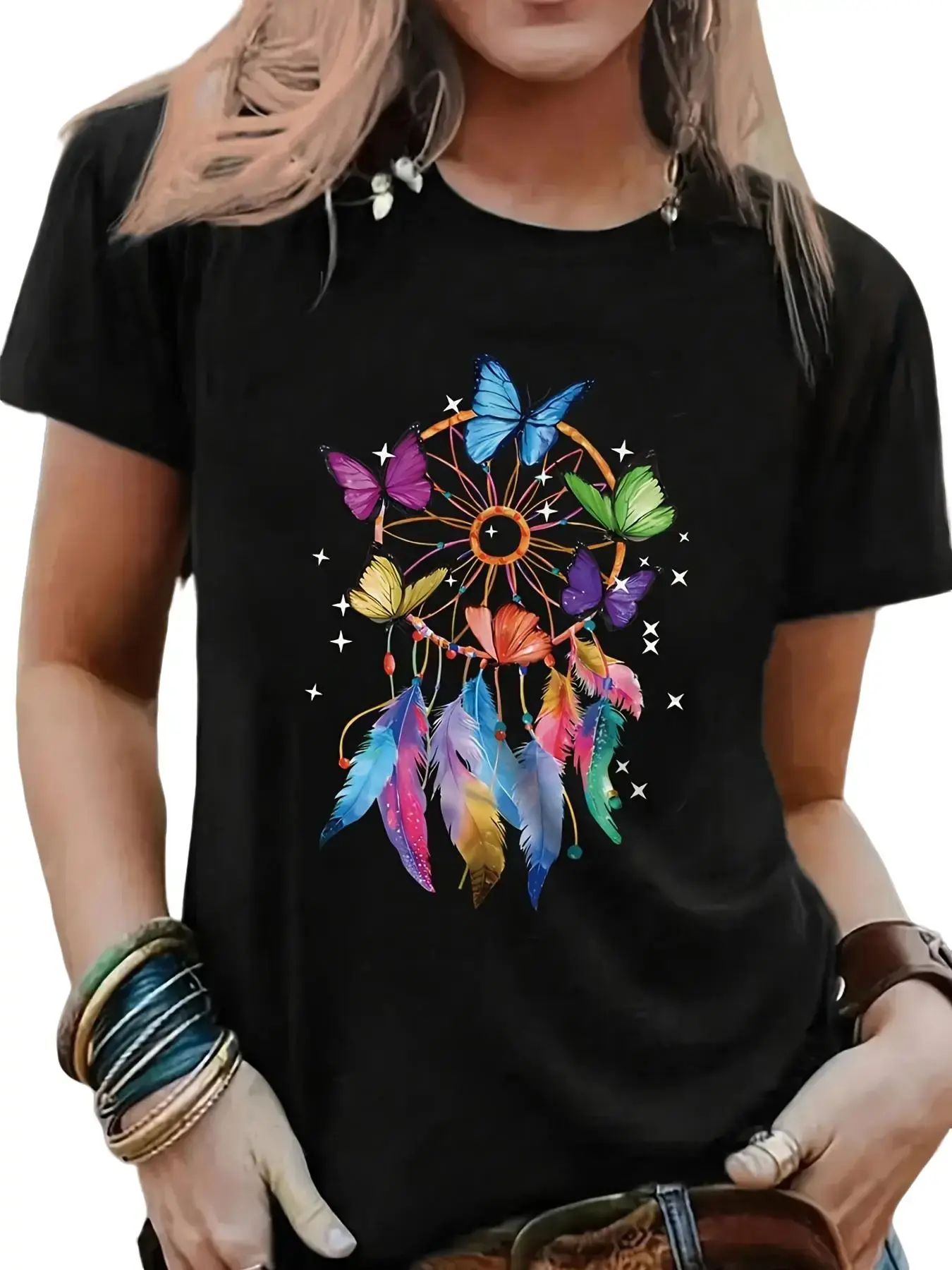 Butterfly Pattern Casual T-Shirt Women's Crew Neck Short Sleeve Regular Version 180g Knitted Fabric Black Elegant Everyday Outfit Tops