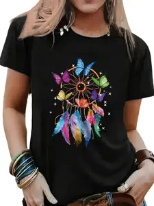 Butterfly Pattern Casual T-Shirt Women's Crew Neck Short Sleeve Regular Version 180g Knitted Fabric Black Elegant Everyday Outfit Tops