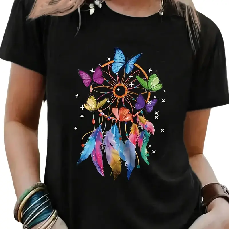Butterfly Pattern Casual T-Shirt Women's Crew Neck Short Sleeve Regular Version 180g Knitted Fabric Black Elegant Everyday Outfit Tops