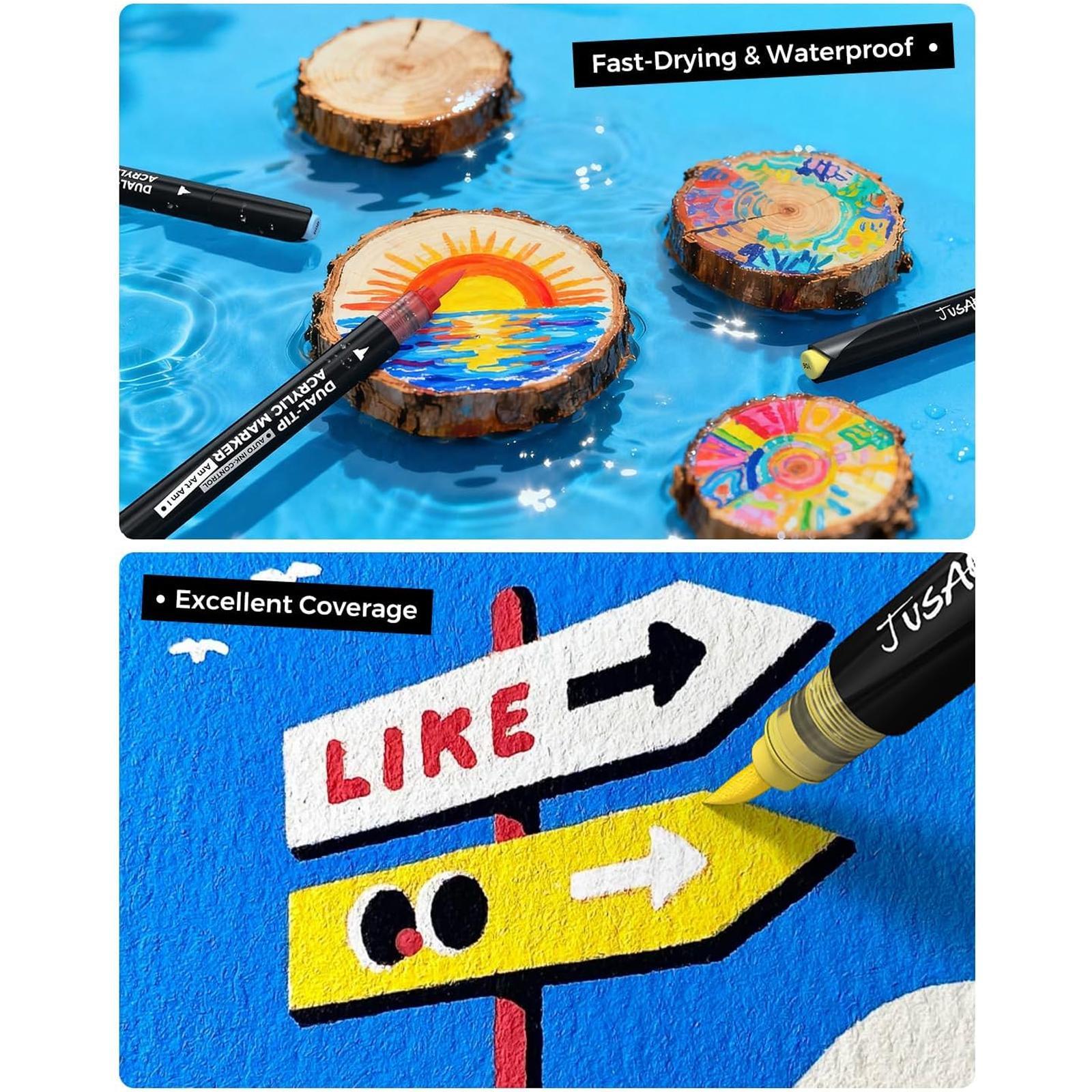 JusArt 36/60 Colors Automatic Ink Control Acrylic Paint Markers Dual Tip with Broad Tip and Brush Tip Pens for Ceramic, Wood, Canvas, Glass, Stone, Fabric, Rock Painting, DIY Crafts Art Supplies Kit