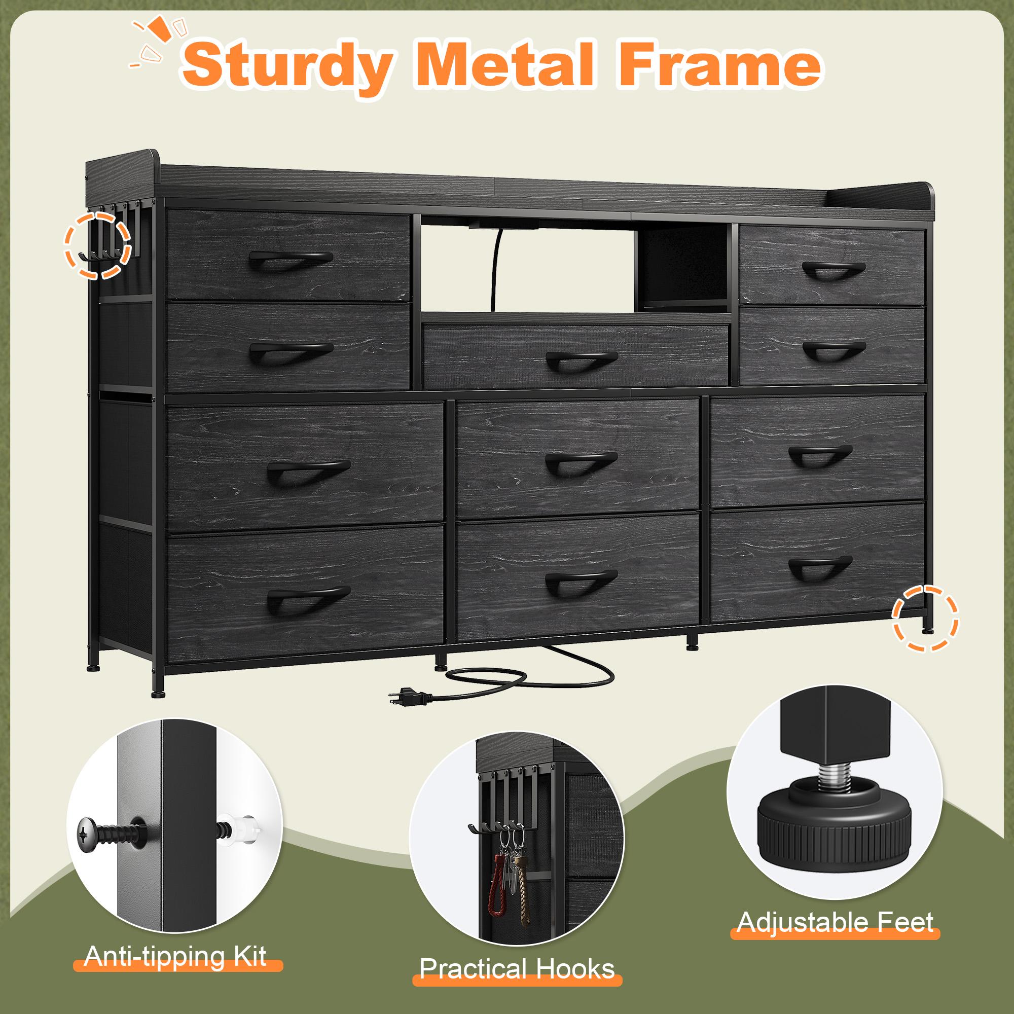 【Hot seller On Sale】Raybee Dresser for Bedroom with 8/11 Drawers, Up to 60" TV Stand for Bedroom with LED Lights & Charging Station, Sturdy Dresser with Shelves & 4 Hooks Sturdy Metal Frame & Fabric Drawers, Ideal Home Organizer for Bedroom,Hallway