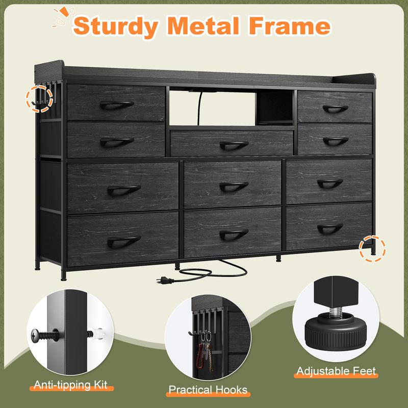 【Hot seller On Sale】Raybee Dresser for Bedroom with 8/11 Drawers, Up to 60" TV Stand for Bedroom with LED Lights & Charging Station, Sturdy Dresser with Shelves & 4 Hooks Sturdy Metal Frame & Fabric Drawers, Ideal Home Organizer for Bedroom,Hallway