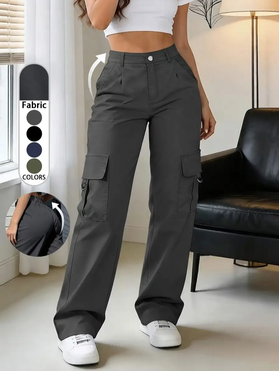 Women’s cargo pants with front button closure and pocket design, basic casual street-style solid-color everyday long pants, fashionable and versatile bottoms suitable for all seasons.Women's cargo pants