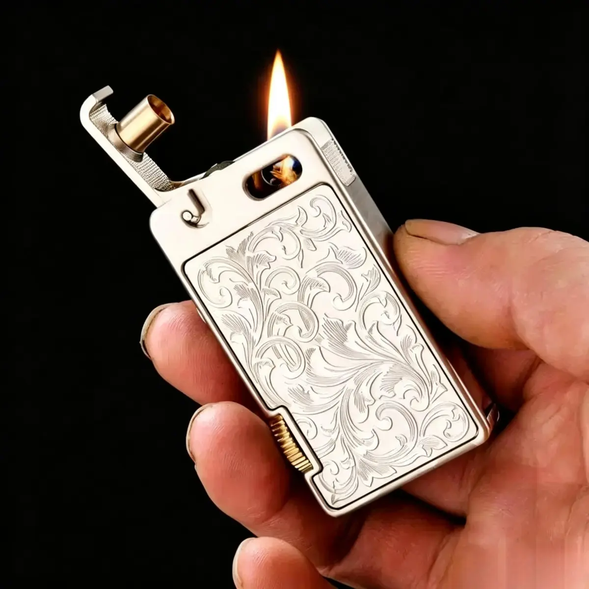 Vintage Fluid Catapult Lighter - Durable Solid Metal Black Arabesque Engraved, ASMR Flip Novelty Fire Starter, Men's EDC Pocket Accessory, Unique Adult Birthday Gift (Lighter Fluid Not Included, Home Accessories Category)