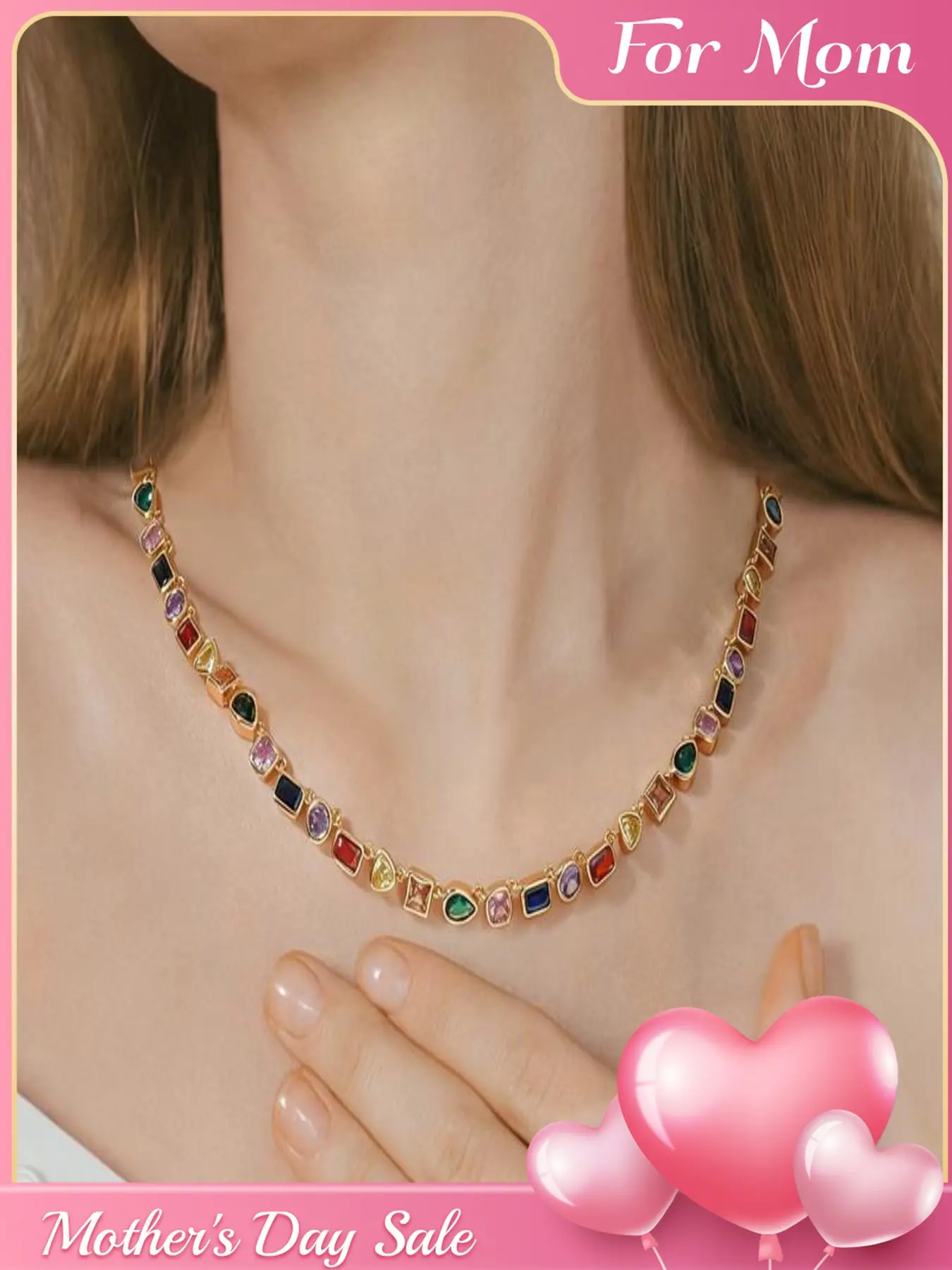 14K Gold-Plated Rainbow Design Tennis Necklace | Spring/Summer Dopamine-Inspired Colorful Zircon Necklace | Unisex Versatile Collar Necklace | Birthday Gift for Her Accessory Necklace