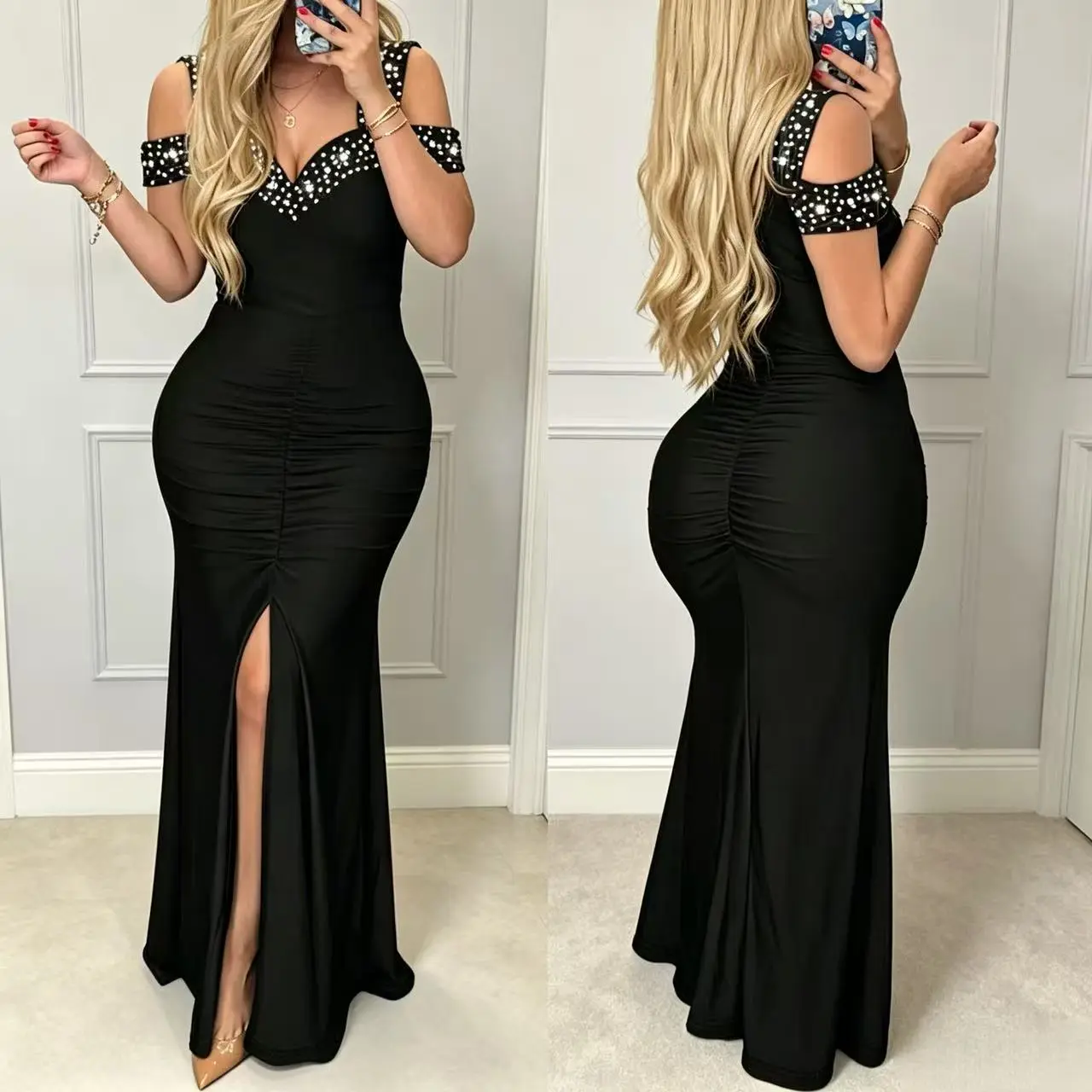 Women's Elegant Wrap Bodycon Dress, Rhinestone Embellished Ruched Split Formal Dress, Wedding Guest Dresses for Party Evening Gown, Cocktail Dress Womenswear Solid