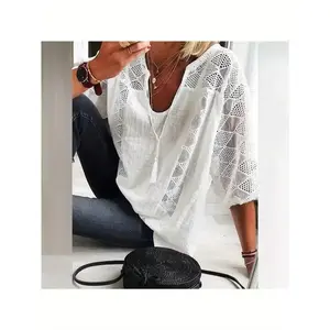 Plus Size Women's 3/4 Sleeve Cotton Lined Tunic Top - Light Gray V-Neck Casual Loose Fit Shirt with Geometric Eyelet Detailing, High-Quality Autumn Tee for Layering or Standalone Outfits, L-5XL, Relaxed Fit Top |   Asymmetrical Design |   Machine Washabl