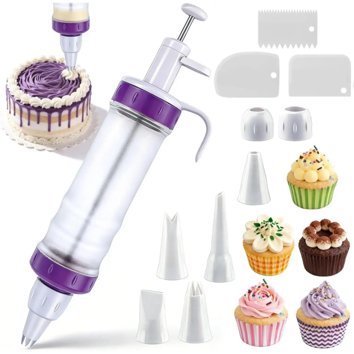 Dessert Decorating Syringe Set Including 7 Icing Nozzles, 3 Cream Scrapers Frosting Making Dessert Cream Piping Syringe Nozzles Kits, Icing Dispenser Cupcake Filling Injector for Cake Cookies Decoration