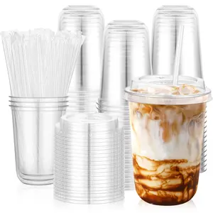 50 Set 16oz Clear Plastic Cups with Lids & Straws, Disposable Round Bottom To Go Iced Coffee Drinking Cup for Cold Beverage Smoothies Juice Lemonade Slushies Milkshake Party Catering Supplies