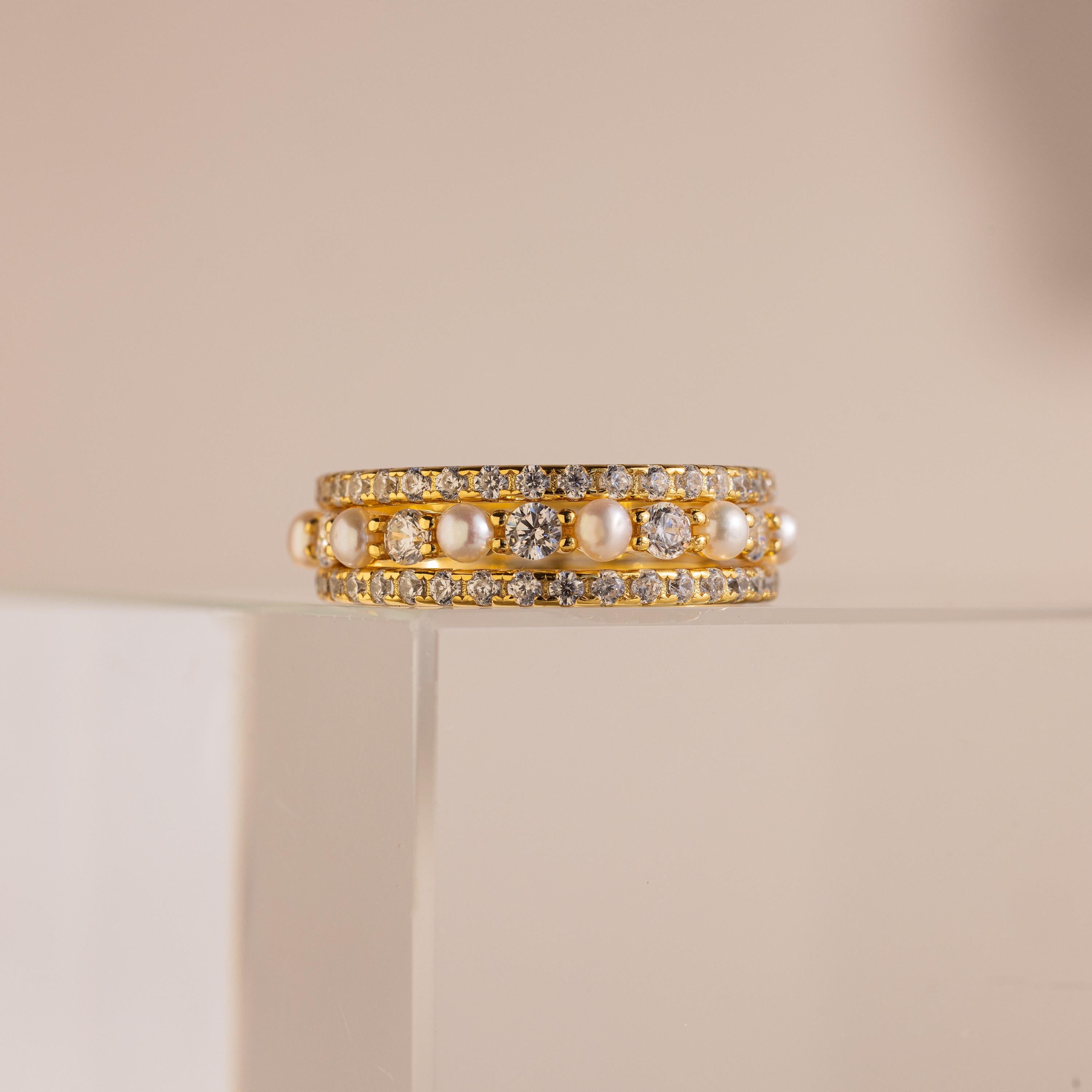 Diamond Eternity Ring Set by Caitlyn Minimalist - Set of 3: Diamond & Pearl Stacking Rings - Bridesmaid Jewelry Set - Gift for Her