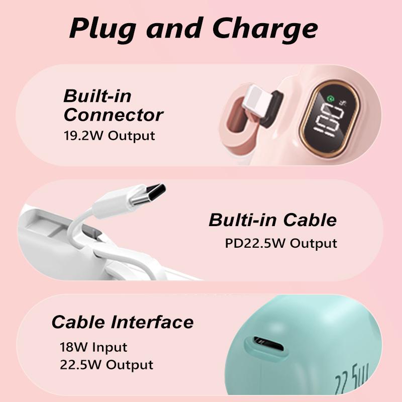 [Summervibes] 5000mAh Mini Portable Charger Power Bank for phone, 22.5W Fast Charger with 3-Output and Digital Display, Lightwight and Compact