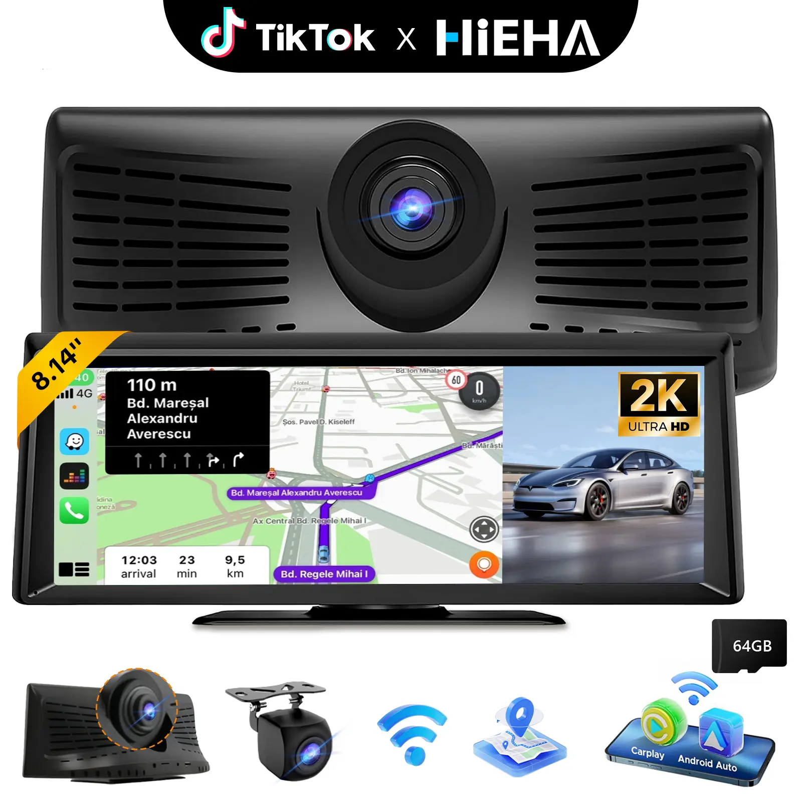 【Hieha】Wireless CarPlay Screen with 2K Dash Cam, 8.14" Portable Touchscreen Car Stereo with CarPlay & Android Auto, 1080P Backup Camera, Voice Control, Bluetooth, Mirror Link, GPS Navigation Car Video Player Car Monitor