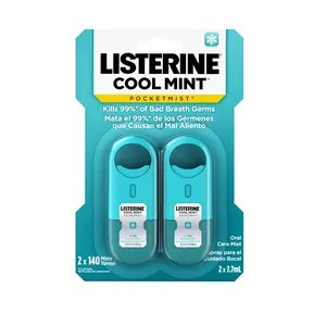 Listerine Cool Mint Pocketmist, Oral Care Mist for Fresh Breath, Non-Aerosol Sugar-Free Bad Breath Refresher Spray to Kill 99% of Bad Breath Germs, Portable, Cool Mint Flavor, 1 Pack of 2 Sprays