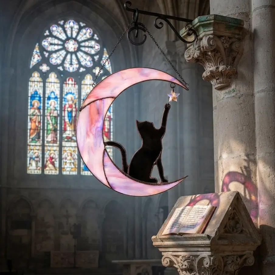 Cat on Moon Suncatcher - Handmade Window Hanging Sun Catcher with Black Kitty Reaching for Star, Aesthetic Stained Glass Art Panel for Home Window, Balcony & Wall Decor, Perfect Magical Gift for Cat Lovers and Art Enthusiasts