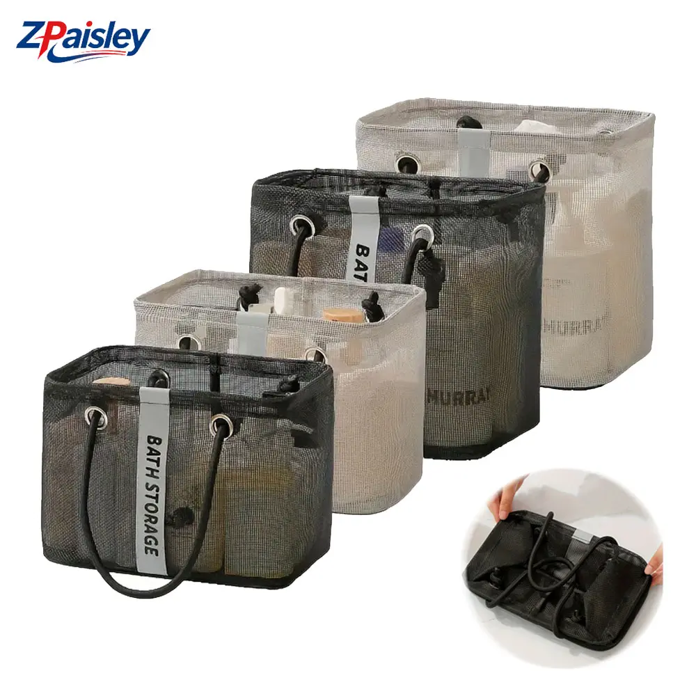 Folding Mesh Fabric Shower Caddy Bag - Drainable, Quick-Dry, Functional Bath Storage Tote with Comfort Handles, Large-Capacity Toiletry Organizer, Portable Travel Gear for College Dorms, Gym, Daily Shower Supplies