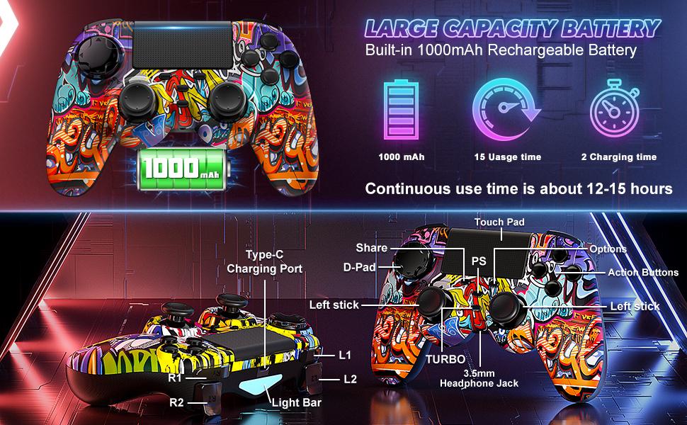 2 Pack Wireless PS4 Controller with Turbo Function Compatible with PlayStation 4/PS4 Slim/PS4 Pro/PC Windows Accessories Android PS4 Six-Axis Sensor Dual Vibration Motors 1000mAh Battery - Gaming Set