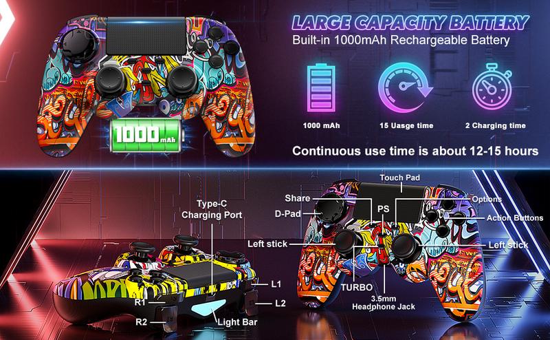 2 Pack Wireless PS4 Controller with Turbo Function Compatible with PlayStation 4/PS4 Slim/PS4 Pro/PC Windows Accessories Android PS4 Six-Axis Sensor Dual Vibration Motors 1000mAh Battery - Gaming Set