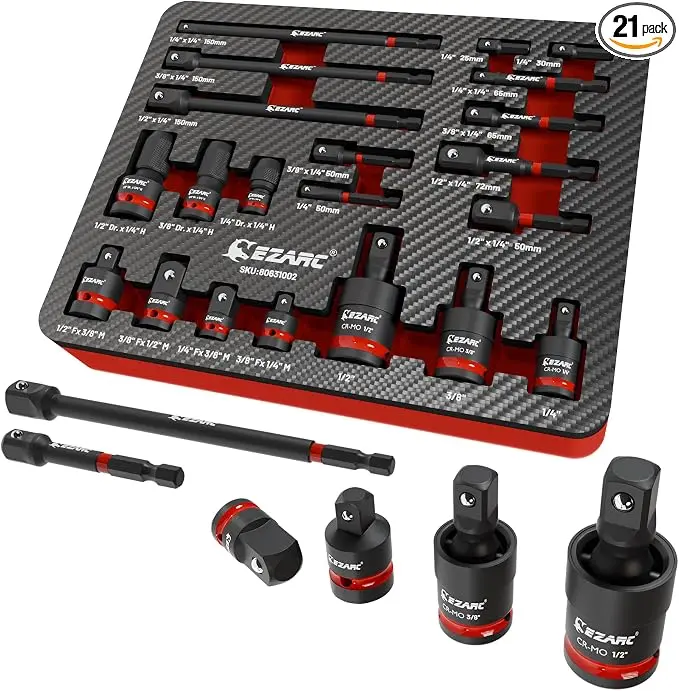 EZARC 21PCS Impact Socket Adapter Set, 1/4" 3/8" 1/2" Drive, Swivel Universal Joints, Reducers, Impact Couplers & Hex Extension Bits, CR-MO & CR-V Steel, Socket Adapters for Impact Driver, Drill & Automotive Repair