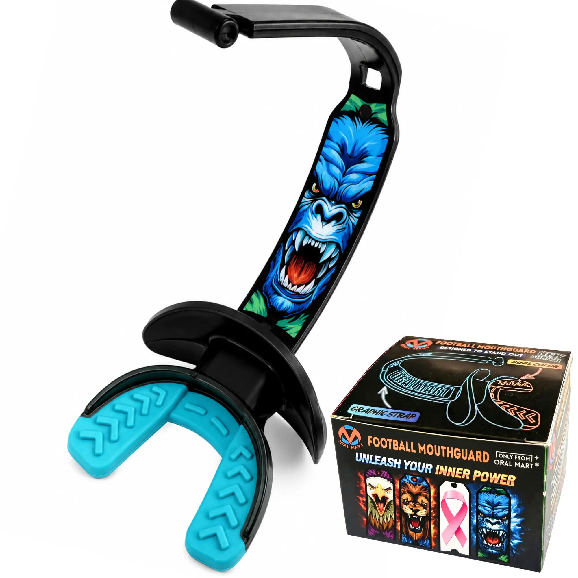 ORAL MART 2026 Youth Football Mouthpiece for Kids - Football Pacifier Mouth Guard with Graphic Permanent Strap (Dual-Color) - Lip Guard Mouth Guard (for Braces) - Instant Fit (No Boil)