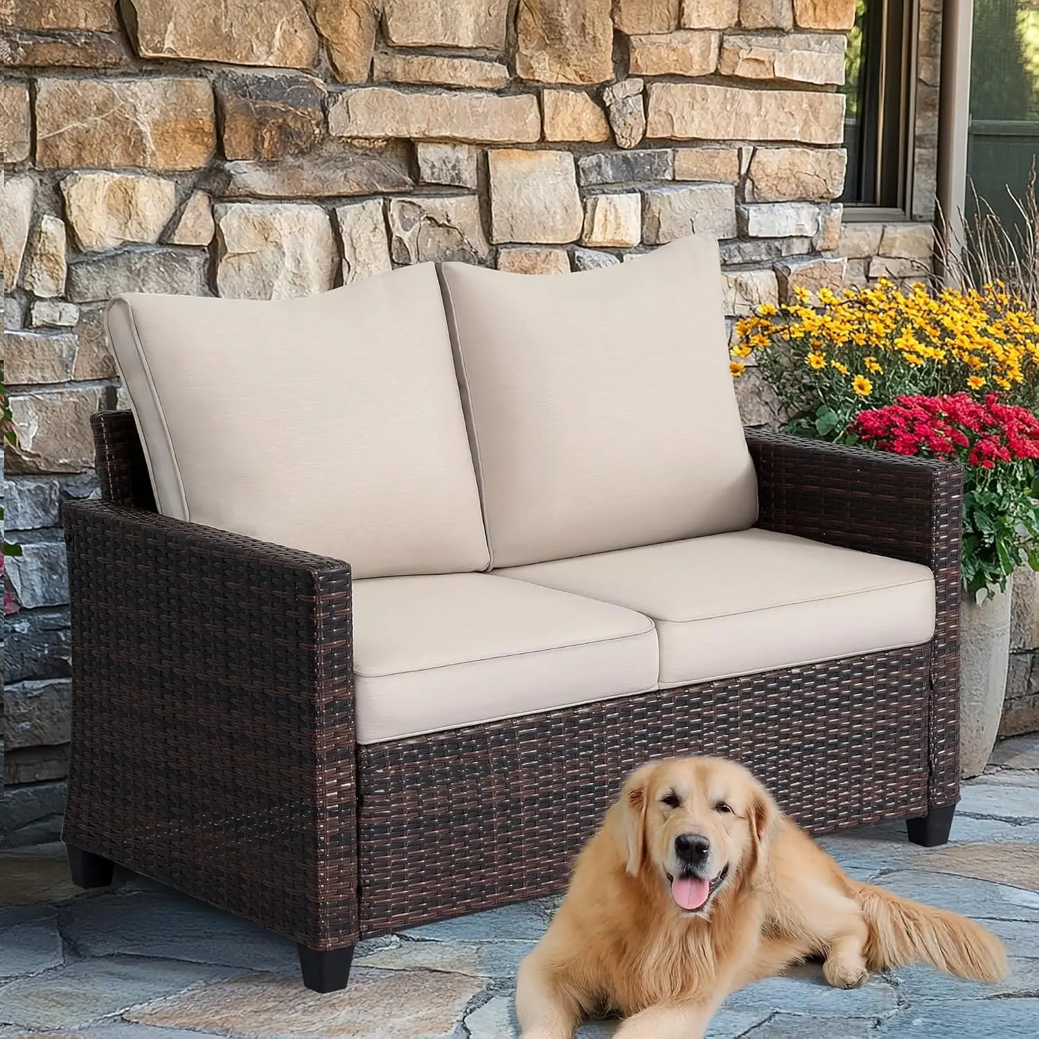 EortheX Outdoor Wicker Sofa - Sturdy 2-Seater Patio Loveseat with Fixed Arms, Ergonomic Contouring, Rustproof Metal Frame, Quick-Dry Water-Resistant Cotton Cushions, Deep Seat, Solid Weave, Tool-Snap 5-Minute Cleanup Balcony Garden Party Furniture