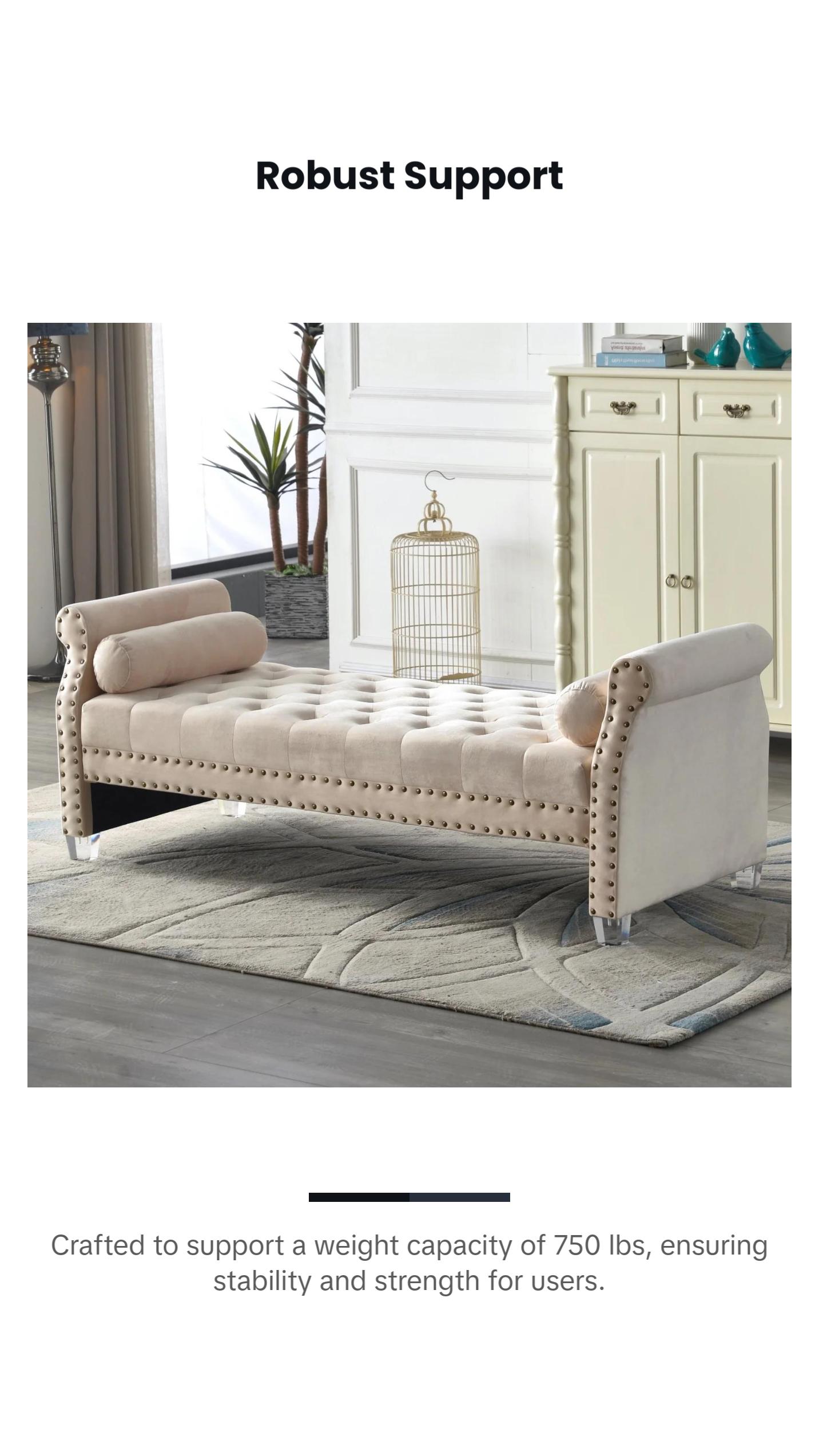 Premium 70in Velvet Tufted Upholstered Bed Bench, Rolled Arm Deep Seat Chaise Lounge with Nail Head Trim, End of Bed Long Ottoman Couch for Window and Bedroom