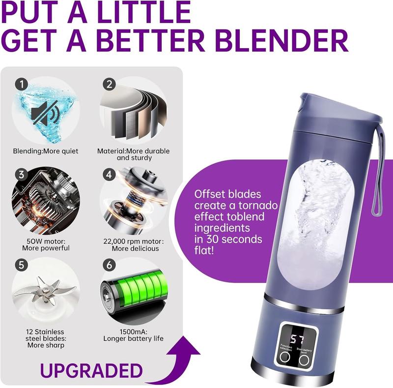 Portable personal electric USB blender, 500ML portable juicer milkshake and smoothie blender, small mixer, compact, convenient, multi-functional (purple)